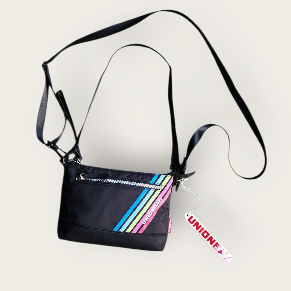 UnionBay Black Logo Retro Rainbow Striped Streetwear Y2K Zipper Crossbody - Picture 3 of 6